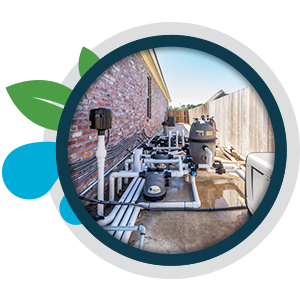 a stylized icon with an image of pool equipment