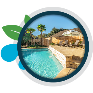 a stylized icon with an image of a backyard pool