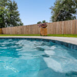 Porcelain Water Line Tile and natural stone coping in swimming pool in Lafayette, LA